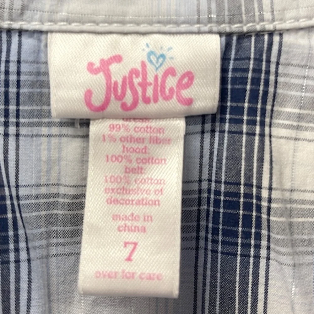 Justice Blue & White Plaid Double Ruffle Shirt Dress Girls Size 7